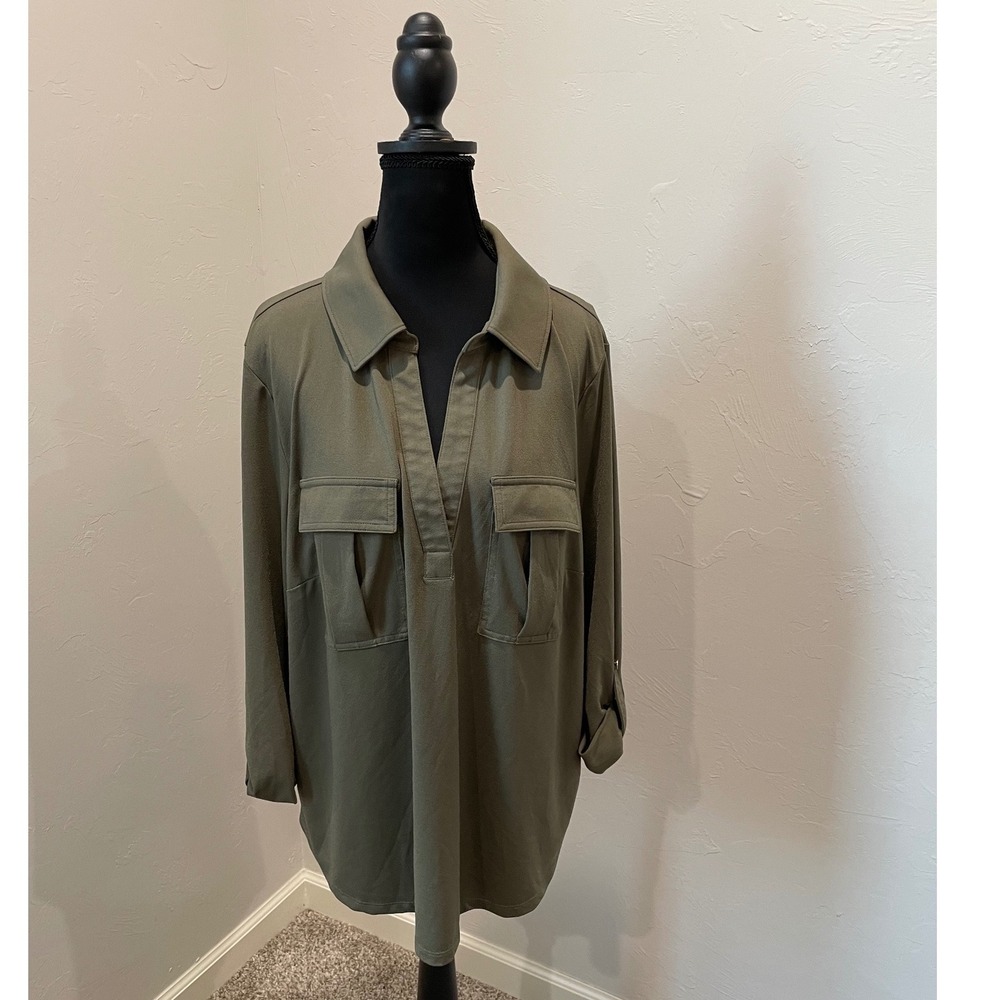 Michael Michael Kors Olive Green Utility Roll Tab Sleeve Blouse Plus Size 1X